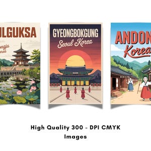 May include: Three vintage-style travel posters featuring Korean landmarks. The posters display the text "BULGUKSA, Gyeongju Korea", "GYEONGBOKGUNG, Seoul Korea", and "ANDONG Korea". The posters are in a retro style with vibrant colors.