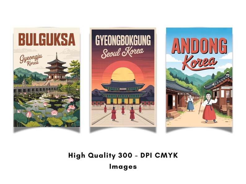 May include: Three vintage-style travel posters featuring Korean landmarks. The posters display the text "BULGUKSA, Gyeongju Korea", "GYEONGBOKGUNG, Seoul Korea", and "ANDONG Korea". The posters are in a retro style with vibrant colors.