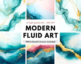 May include: A set of 16 digital backgrounds featuring abstract fluid art in shades of blue, teal, and gold. The backgrounds are perfect for creating invitations, social media graphics, and other digital projects.