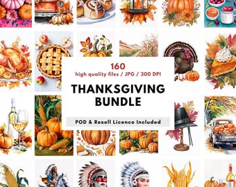 Thanksgiving Clipart Bundle, Fall Harvest Watercolor Graphics (JPG, Digital Download)