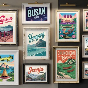 May include: Collection of framed travel posters featuring destinations like Namsan, Busan, Hue, Suwon, Gwangju, Yangjang, Jeonju, and Chuncheon. Each poster has a vintage aesthetic with vibrant colors and stylized illustrations of landmarks and landscapes.