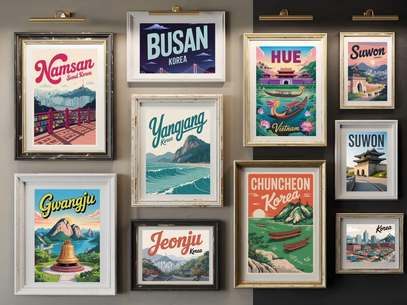 May include: Collection of framed travel posters featuring destinations like Namsan, Busan, Hue, Suwon, Gwangju, Yangjang, Jeonju, and Chuncheon. Each poster has a vintage aesthetic with vibrant colors and stylized illustrations of landmarks and landscapes.