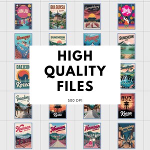May include: A collection of vintage-style travel posters featuring various Korean cities and landmarks. The posters have a retro aesthetic with vibrant colors and illustrations. The text "HIGH QUALITY FILES 300 DPI" is displayed in the center.
