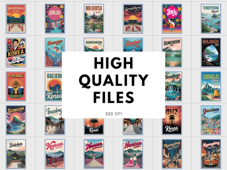 May include: A collection of vintage-style travel posters featuring various Korean cities and landmarks. The posters have a retro aesthetic with vibrant colors and illustrations. The text "HIGH QUALITY FILES 300 DPI" is displayed in the center.