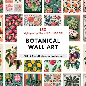 以下が含まれることがあります： さまざまな果物、花、葉が描かれた、植物をテーマにしたウォールアートプリントのコレクション。オレンジ、ザクロ、熱帯植物などの画像が含まれています。画像には「150 high quality files / JPG / 300 DPI BOTANICAL WALL ART POD & Resell Licence Included」と書かれています。