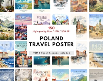 Lot de 150 affiches de voyage en Pologne – impressions vintage de villes polonaises, prêtes à être imprimées