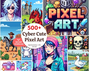Pack d'images pixel art cyber mignonnes, 500 images clipart fantastiques et adorables, téléchargement instantané