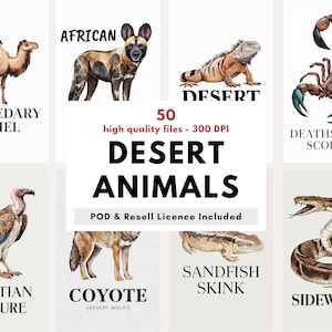 Può includere: Illustrazioni ad acquerello di animali del deserto, tra cui un cammello dromedario, un cane selvatico africano, un'iguana, uno scorpione, un avvoltoio, un coyote, uno scinco delle sabbie e un serpente a sonagli. Il testo "DESERT ANIMALS" è presente.