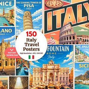 Op de afbeelding: Een verzameling van 150 Italië reisposters met iconische bezienswaardigheden zoals de scheve toren van Pisa en de Amalfikust. De posters hebben een vintage uitstraling met levendige kleuren en de tekst "Italië" prominent aanwezig.