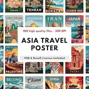 100 Vintage Asia Travel Posters Bundle | Printable Wall Art Japan, India, Thailand, China, Bali | Retro Asia Tourism Landmarks | Home Decor