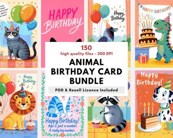 Pacote de Cartões de Aniversário com Animais | 150 Modelos para Imprimir para Crianças (Download Digital)