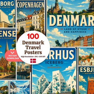Puede incluir: Un conjunto de 100 carteles de viaje de Dinamarca, que muestran ciudades como Aalborg y Copenhague. Los carteles tienen un diseño retro con colores brillantes y texto. La imagen incluye el texto "Descarga instantánea". Los carteles presentan monumentos.