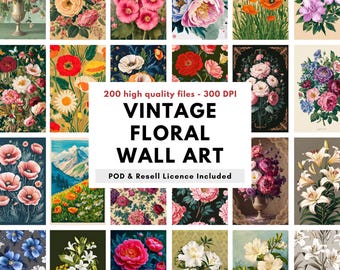 200 vintageblommönster: Botanisk väggkonstset (digital nedladdning, kommersiellt bruk tillåtet)