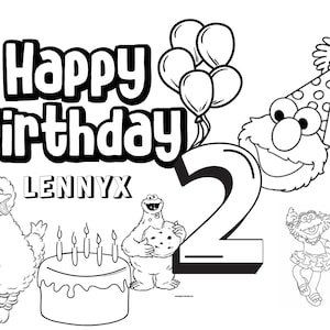 May include: Black and white illustration with the words "Happy Birthday LENNYX" and a large number "2". Includes cartoon characters, balloons, and a birthday cake with lit candles. A festive design.