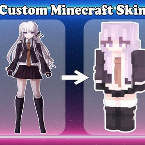 May include: A digital graphic titled Custom Minecraft Skins showing an anime character with long light purple hair, a black jacket, brown tie, and black skirt next to a blocky, pixelated Minecraft character version with the same outfit.