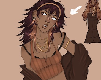 May include: An illustration of a person with dark hair, wearing a brown striped crop top, gold jewelry, and a brown jacket. The person has a nose ring and lip piercing. A smaller image of the person in a different outfit is in the upper right corner.