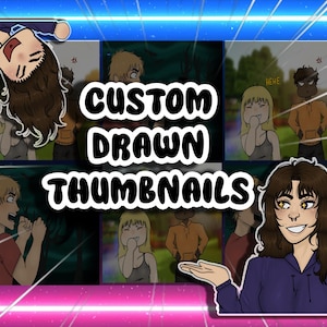 Puede incluir: Un collage de miniaturas dibujadas personalizadas que presentan varios personajes y escenas. El texto "CUSTOM DRAWN THUMBNAILS" se muestra en negrita, en letras negras.