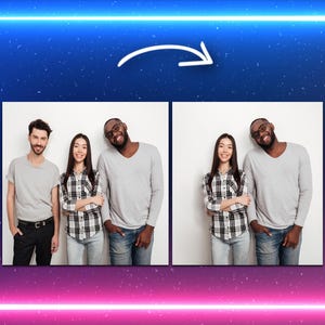 Puede incluir: Dos imágenes una al lado de la otra de tres personas cada una. Las personas visten ropa informal. La imagen está sobre un fondo blanco. La imagen está enmarcada por un borde de neón azul y rosa con una flecha blanca.