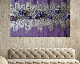 Purple Peonies Glam Wall Art, Flower Art, Purple Glitter Glass Painting, Purple Glitter Painting, Purple Glitter Art, Purple Wall Art