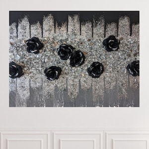 Black Roses Glitter Glass Painting, Glass Wall Art, Glitter Wall Art, Black Gray Glitter Glass Decor, Black Gray Decor, Glitter Art