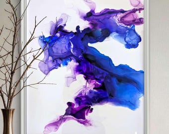 Sapphire Echoes | Signed Alcohol Ink Painting on Glass Original |  Abstract Modern Luxury Ink Art | Wall Decor Purple Blue Hanging 16" x 20"