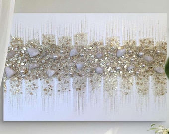 Arte mural de cuarzo, purpurina y cristal / Pintura abstracta moderna y glamurosa en blanco y oro / Decoración minimalista y brillante para colgar como obra de arte contemporánea