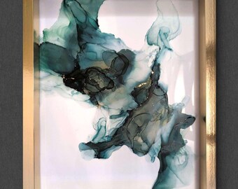 Emerald Flux | Signed Alcohol Ink Painting on Glass Original |  Abstract Modern Luxury Ink Art | Wall Decor Green Gold Hanging 11" x 14"