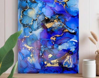 Echoes of Atlantis | Signed Original Alcohol Ink Painting |  Abstract Modern Ink Art | Wall Decor Blue Gold  Artwork Hanging 11" x 14"