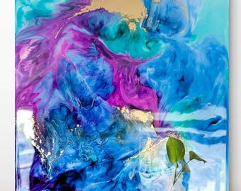 Cosmic Breath | Resin Alcohol Ink Original Signed Painting |  Abstract Modern Ink Art | Wall Decor Blue Purple Gold Teal Hanging 12" x 12"