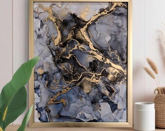 Midnight Marble | Signed Alcohol Ink Painting on Glass Original | Abstract Modern Ink Art | Wall Decor Navy Black Gold Hanging 11" x 14"