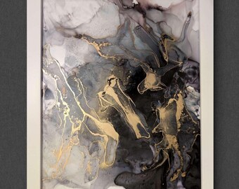 Noir Splendor | Signed Alcohol Ink Painting on Glass Original |  Abstract Modern Luxury Ink Art | Wall Decor Black Gold Hanging 11" x 14"