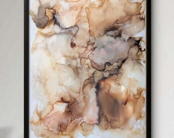 Suspended Blush | Signed Alcohol Ink Painting on Glass Original |  Abstract Modern Luxury Ink Art | Wall Decor Brown Gold Hanging 18" x 24"
