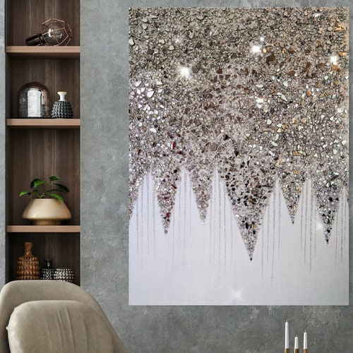 Silver Glam Glitter Wall Art Silver Glitter Glass Painting Etsy