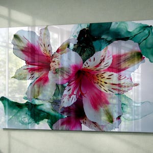 Original Glass Wall Art 'Pink Lily Fantasy II Floral Photography Artwork Print Pink Green Photo Alcohol Ink Statement Piece Home Office Art