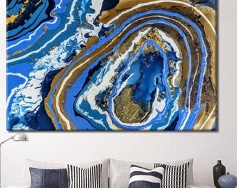 Geode Wall Art, Blue Agate Painting, Blue Gold Geode Art, Large Blue Painting, Blue Abstract Painting, Blue Modern Art