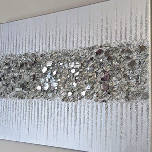 Glitter Wall Art Silver Glam Abstract Painting – Sparkling Modern Silver Glitter Decor for Home & Office
