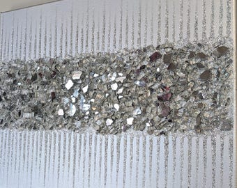 Glitter Wall Art Silver Glam Abstract Painting – Sparkling Modern Silver Glitter Decor for Home & Office