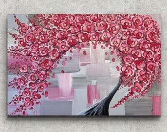 Ready to Ship Large 'Poetry in Red' Original Painting | Palette Knife Texture Red Pink Gray Home Decor Wall Art Hanging | 24" x 36" Signed