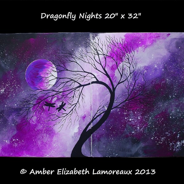 Large Original Painting Dragonfly Nights Surreal Acrylic Canvas Art Amber Elizabeth Lamoreaux Tree Branches Stars Purple Silhouette