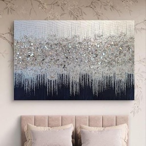 Navy Glitter Painting Wall Art, Silver Pink & Blue Sparkle Glass Art, Modern Navy Silver Painting for Home Decor, Glitter Glass Hanging