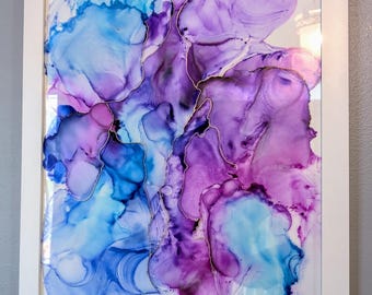Alcohol Ink Painting on Glass | Original Abstract Ink Art Artwork | &#39;Colors Unfurled&#39; 16&quot; x 20&quot; Framed Colorful Purple Blue Modern Art