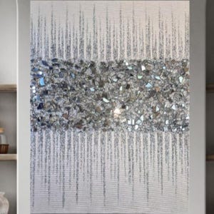 Silver White Glam Glass Glitter Wall Art, Silver Glitter Glass Painting, Bling Glitter Painting, Glitter Wall Decor Hanging Modern Sparkly