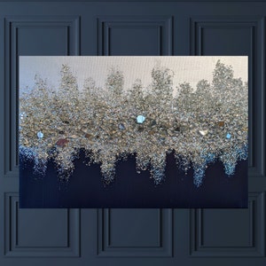 Glitter Painting Navy Silver Wall Art, Classic Navy Glitter Glass Painting, Sparkling Home Decor Gift