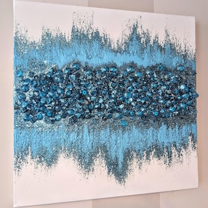 Ready to Ship!  Glam Glitter Glass Resin Painting, Light Blue Turquoise Sparkly Wall Art, Bling Decor, Abstract Glass Hanging 20 x 20