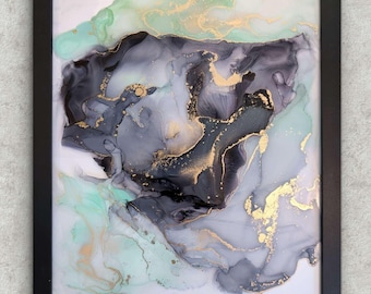 Aura of Opulence| Signed Alcohol Ink Painting on Glass Original |  Abstract Modern Ink Art | Wall Decor Black Mint Gold Hanging 11" x 14"
