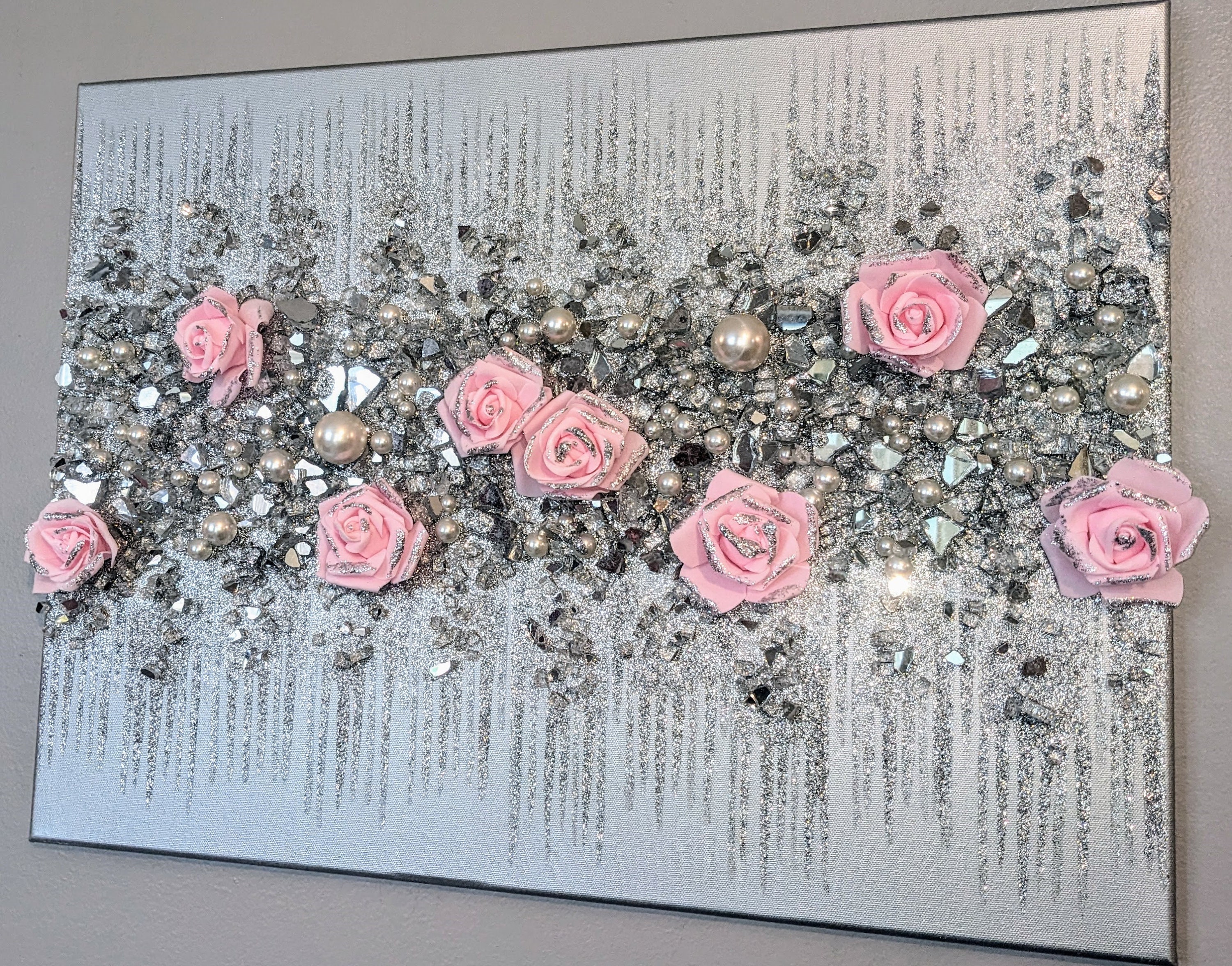 Pink & Silver Glam Roses Glitter Glass Painting, Sparkling Pink Wall Art, Silver Glitter Decor, Floral Glittery Glass Art for Home