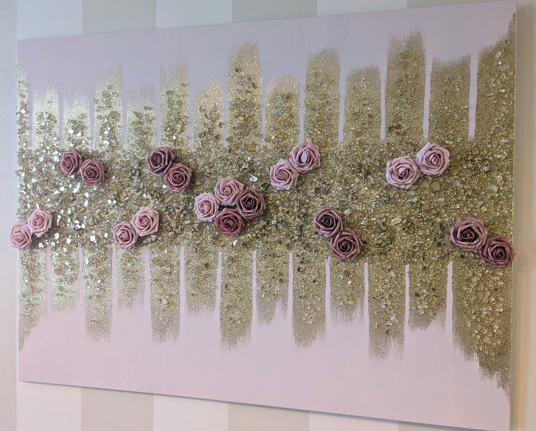 Blush and Gold Roses Glam Wall Art, Flower Art, Glass Wall Art, Pink ...