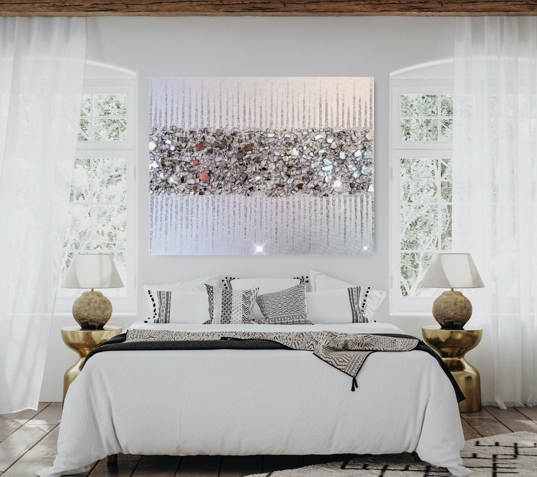 Silver Glam Glitter Wall Art, Silver Glitter Glass Painting, Glitter