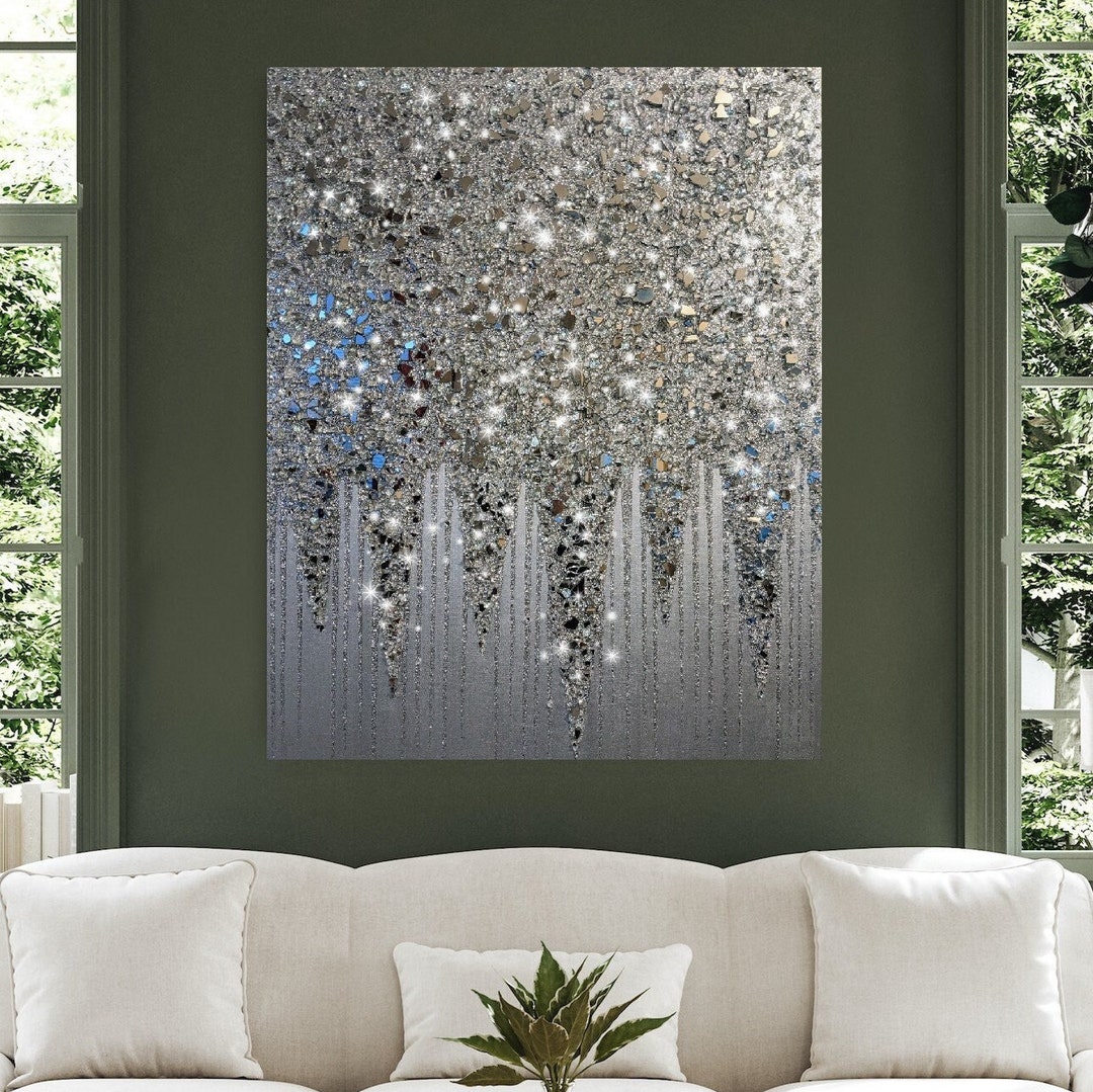 Ready to Ship XL Stunning Silver Glam Glass Glitter Wall Art, Silver