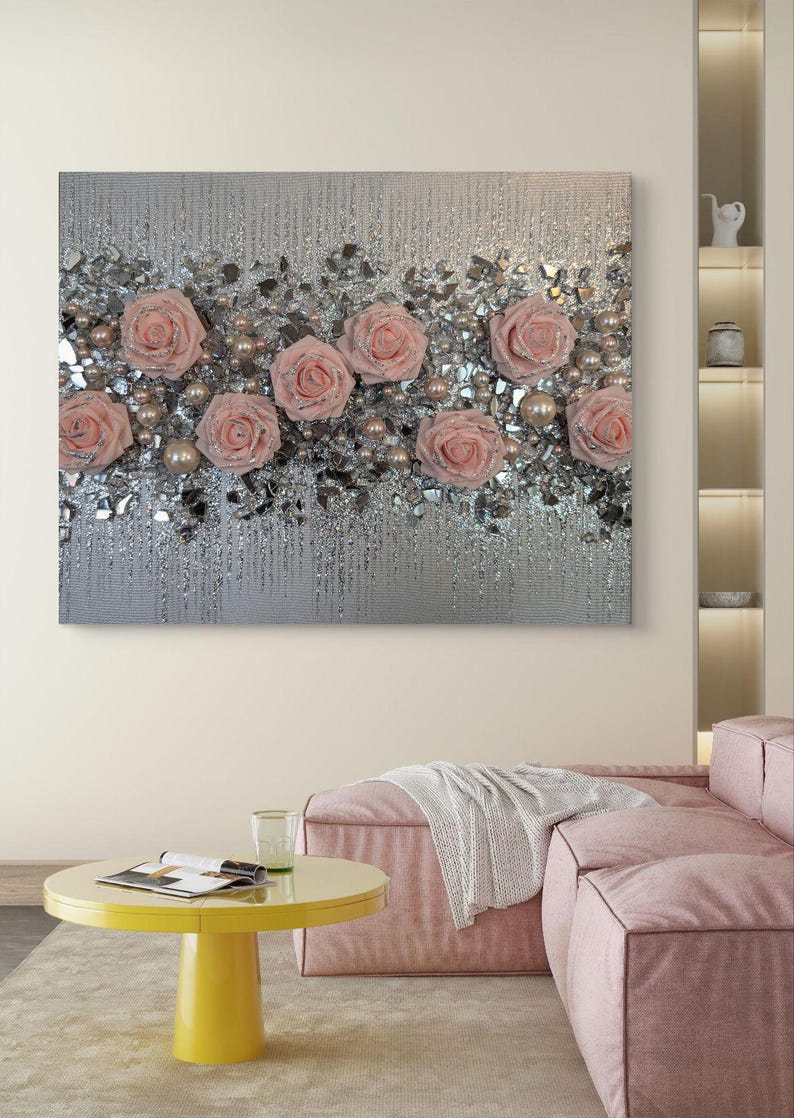 Blush & Silver Roses Glam Glitter Glass Painting, Glass Wall Art ...
